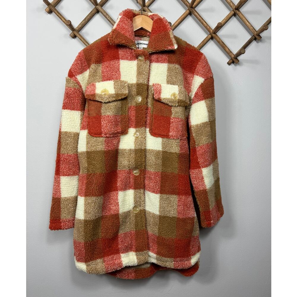 New Vigoss Faux Shearling Oversize Plaid Shirt Jacket in Rust Women's Size S - Picture 2 of 7